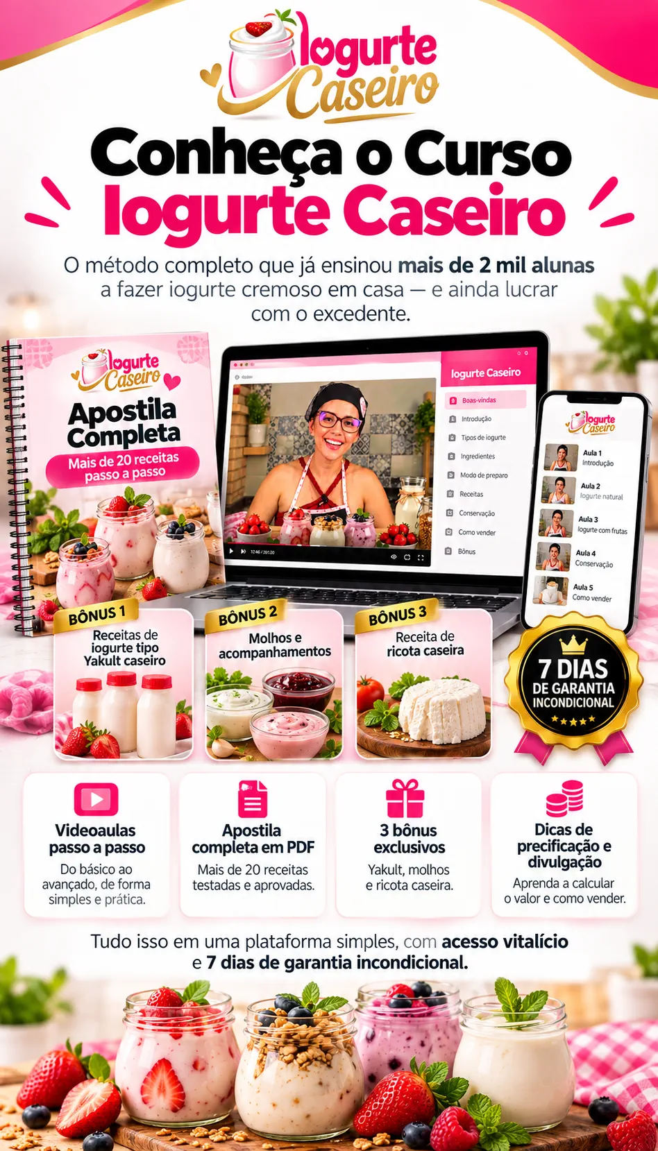 Conheça o Curso Iogurte Caseiro — videoaulas, apostila e 3 bônus